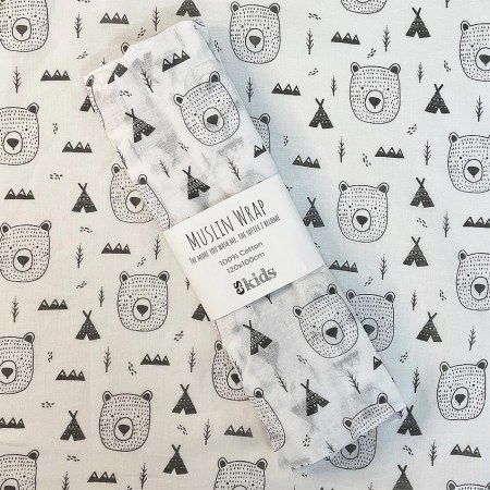 Muslin Wrap Bear Print 120cm x 120cm