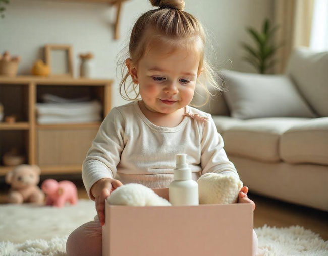 Baby opening baby hamper