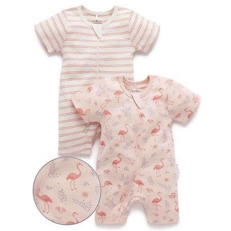 Purebaby Flamingo 2 Pack Short Zip Growsuit