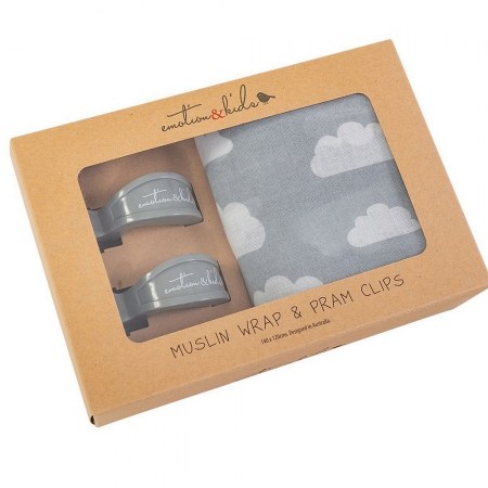 Grey Clouds Muslin Wrap With Pram Clips