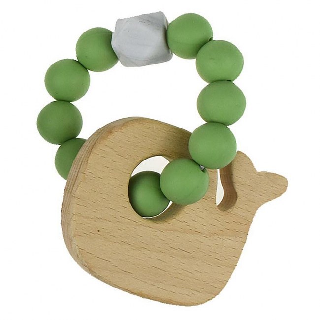 Wooden Silicone Whale Teether in Green
