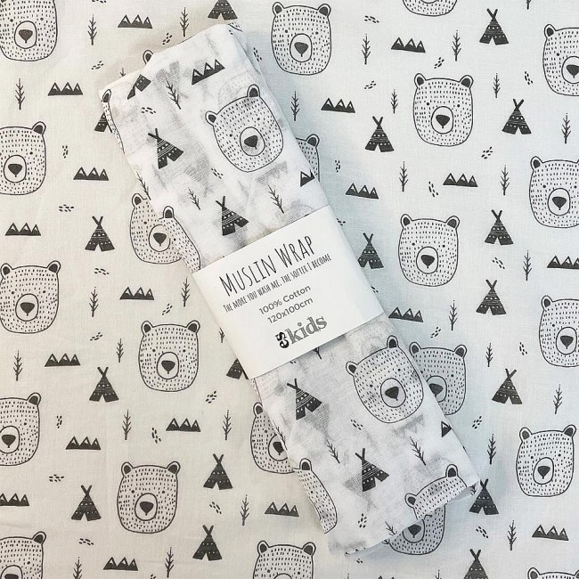 Muslin Wrap Bear Print 120cm x 120cm