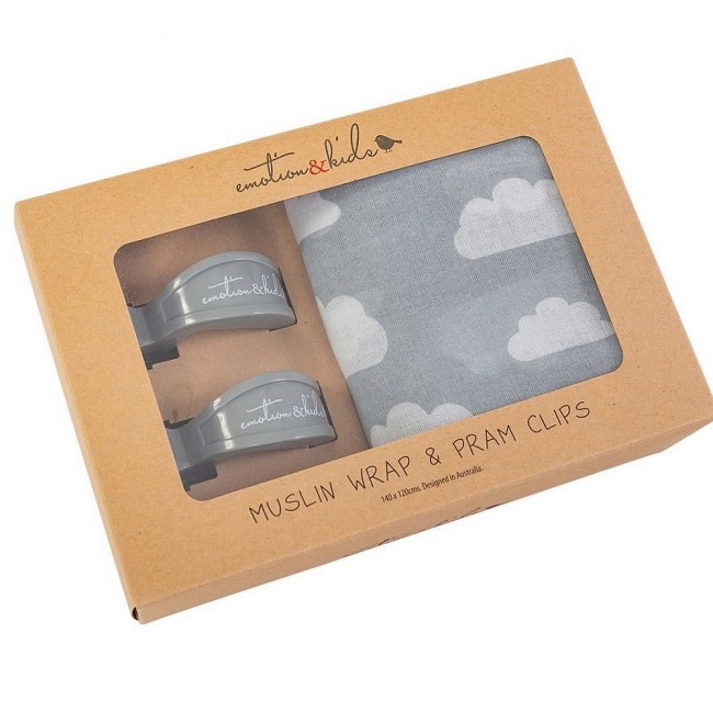 Grey Clouds Muslin Wrap With Pram Clips