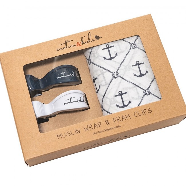 Navy Anchor Muslin Wrap With Pram Clips