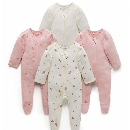 Purebaby Vanilla Blossom 4 Pack Zip Growsuits