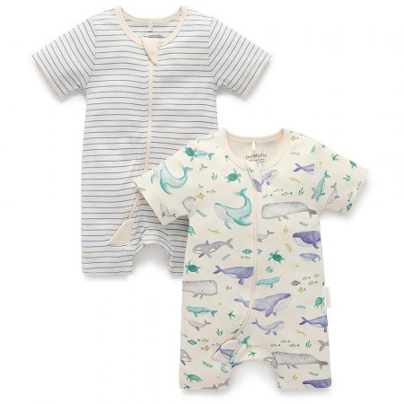Purebaby Whale 2 Pack Short Zip Growsuit