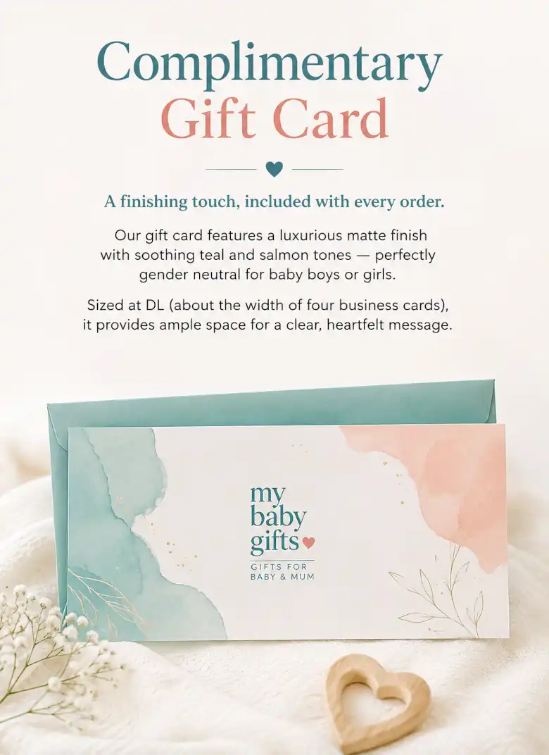 My Baby Gifts complimentary gift card with matte finish in teal and salmon tones