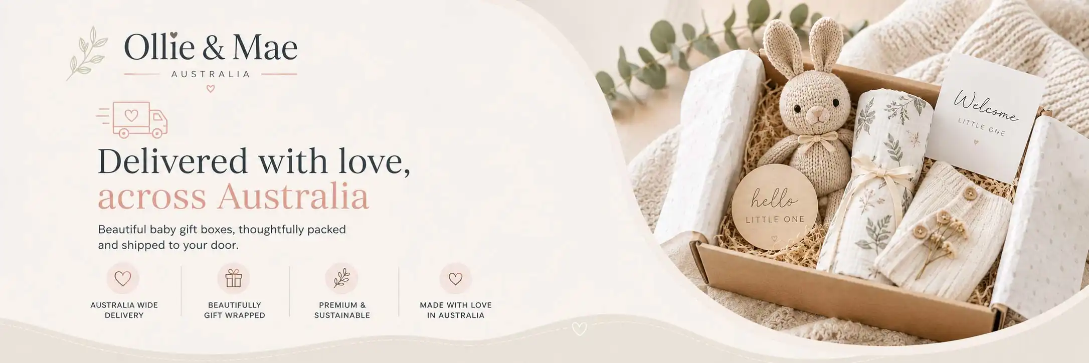 Ollie and Mae baby gift boxes delivered with love across Australia — beautifully gift wrapped, premium and sustainable
