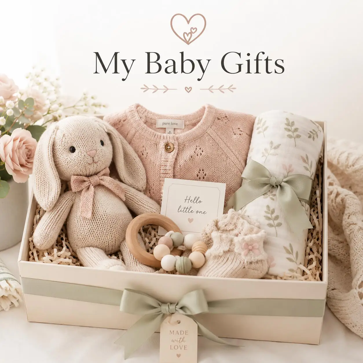 A My Baby Gifts hamper with a knitted bunny, cardigan, swaddle wrap and booties