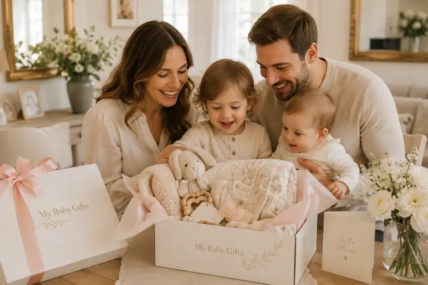 A happy family opening a My Baby Gifts hamper