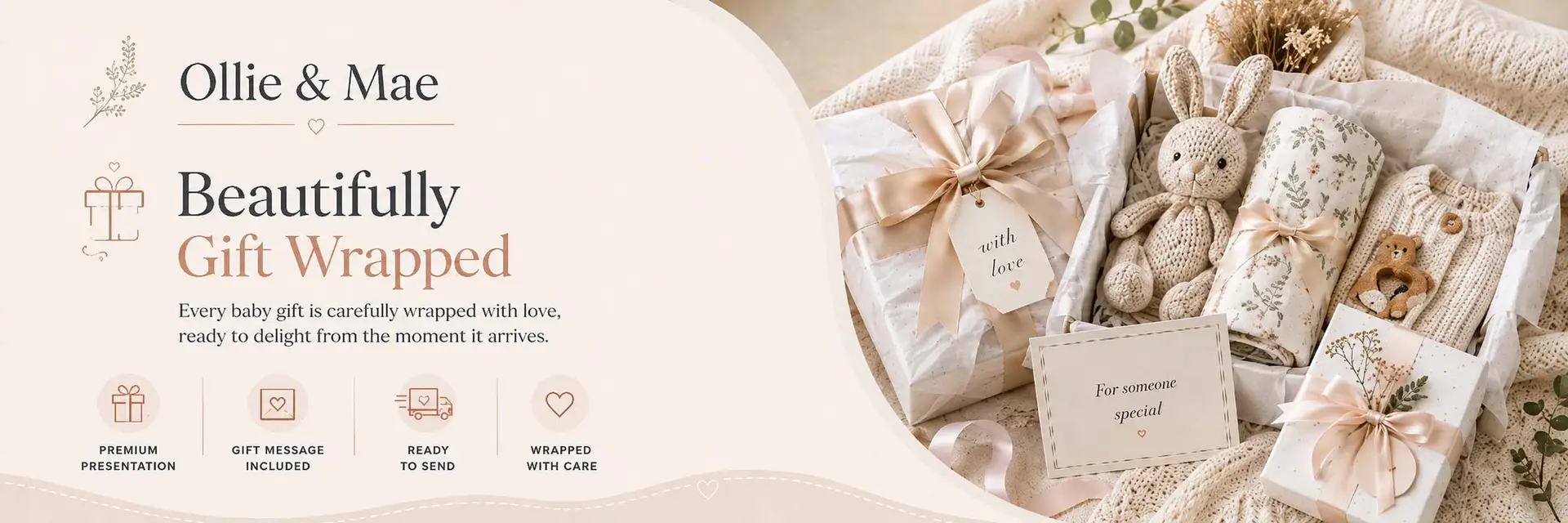 Ollie and Mae baby gifts beautifully gift wrapped with premium presentation, gift message included, ready to send and wrapped with care