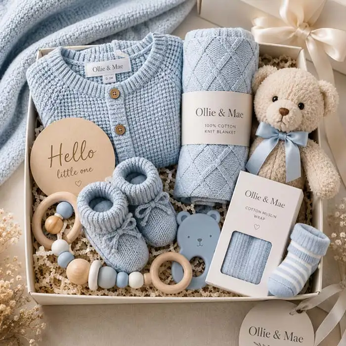 Baby boy gift hamper in powder blue with knitwear and keepsakes