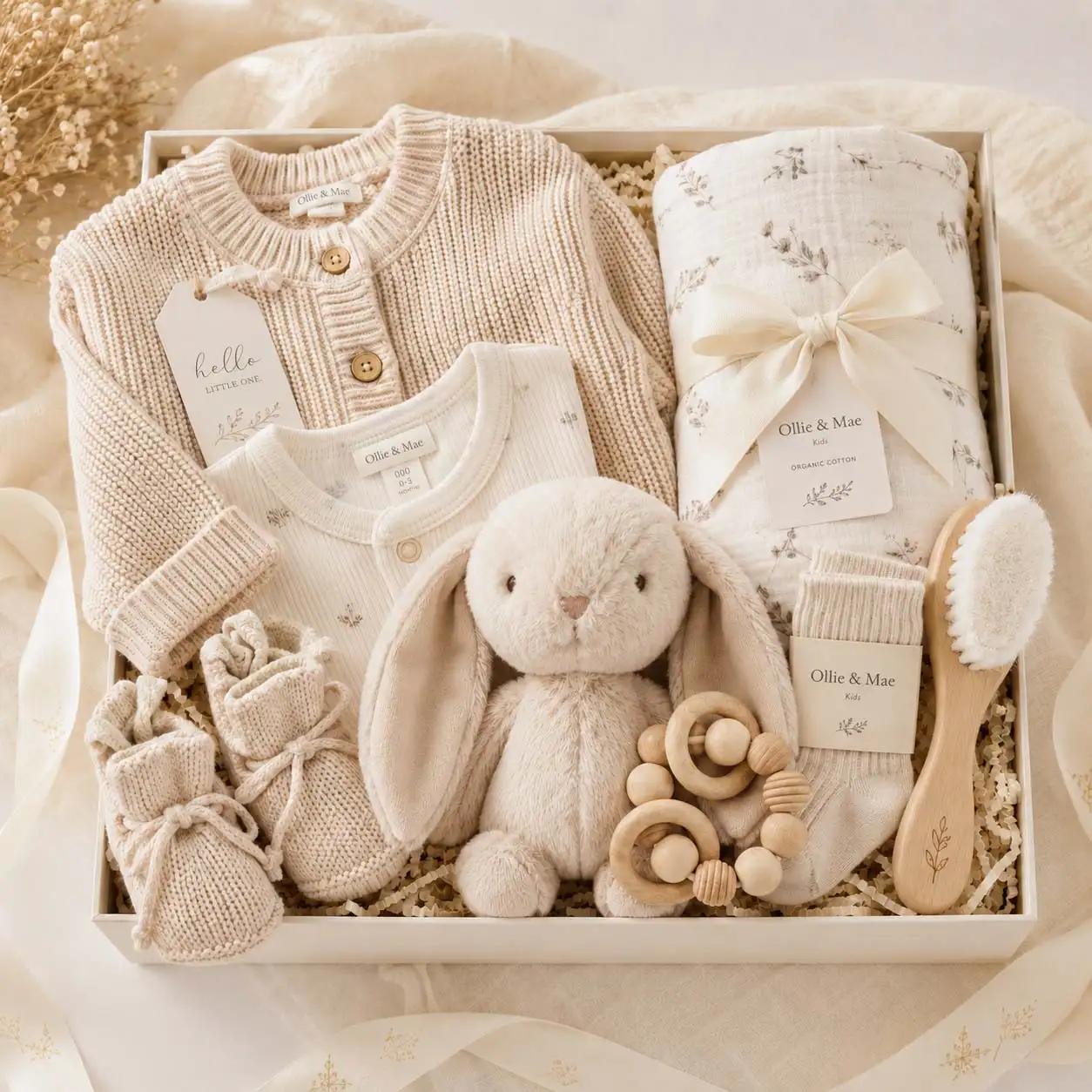 Gender-neutral baby gift hamper in natural sage tones