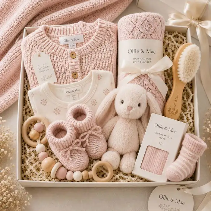 Baby girl gift hamper in blush pink with wrap and darling details