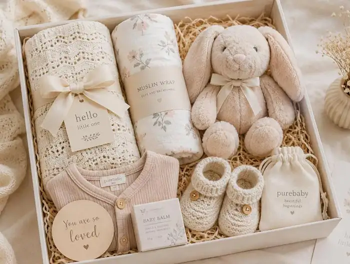 Newborn baby hamper with blanket, wrap and soft toy