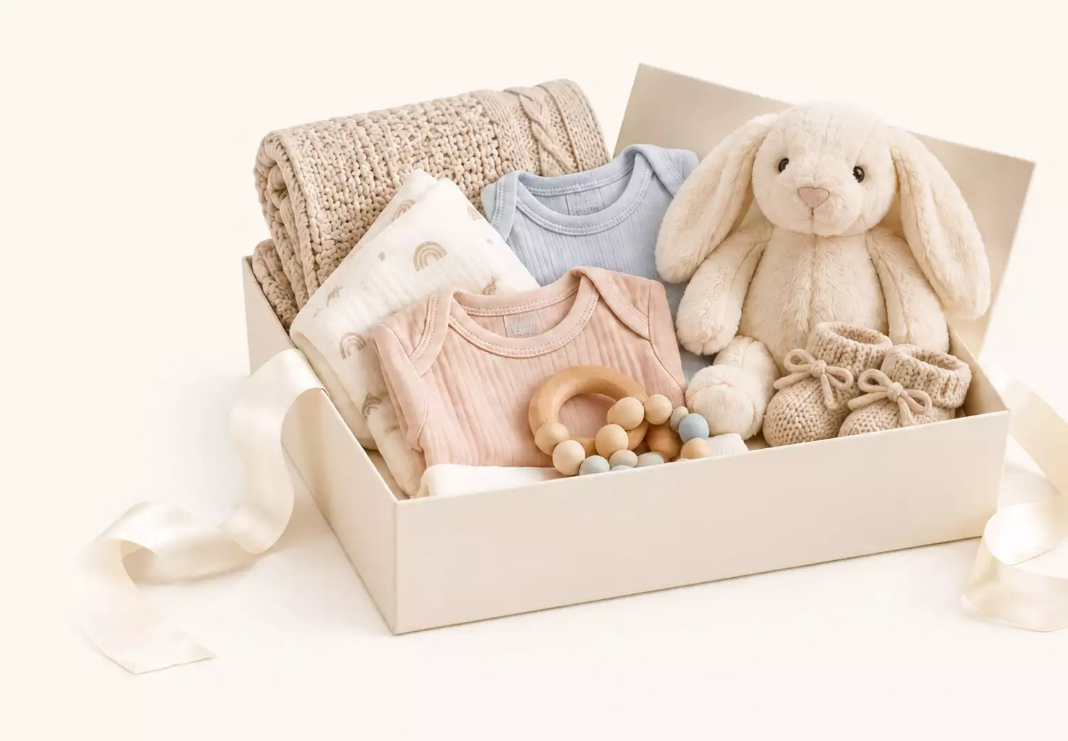 A curated baby gift box with hand-picked pieces finished with a ribbon