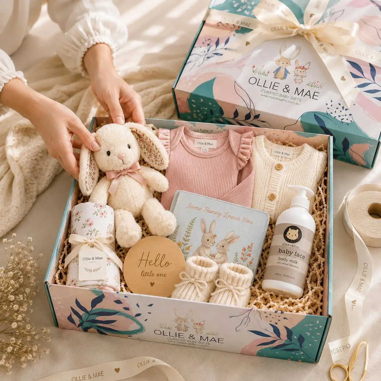 A curated baby gift being packed into a signature gift box with ribbon