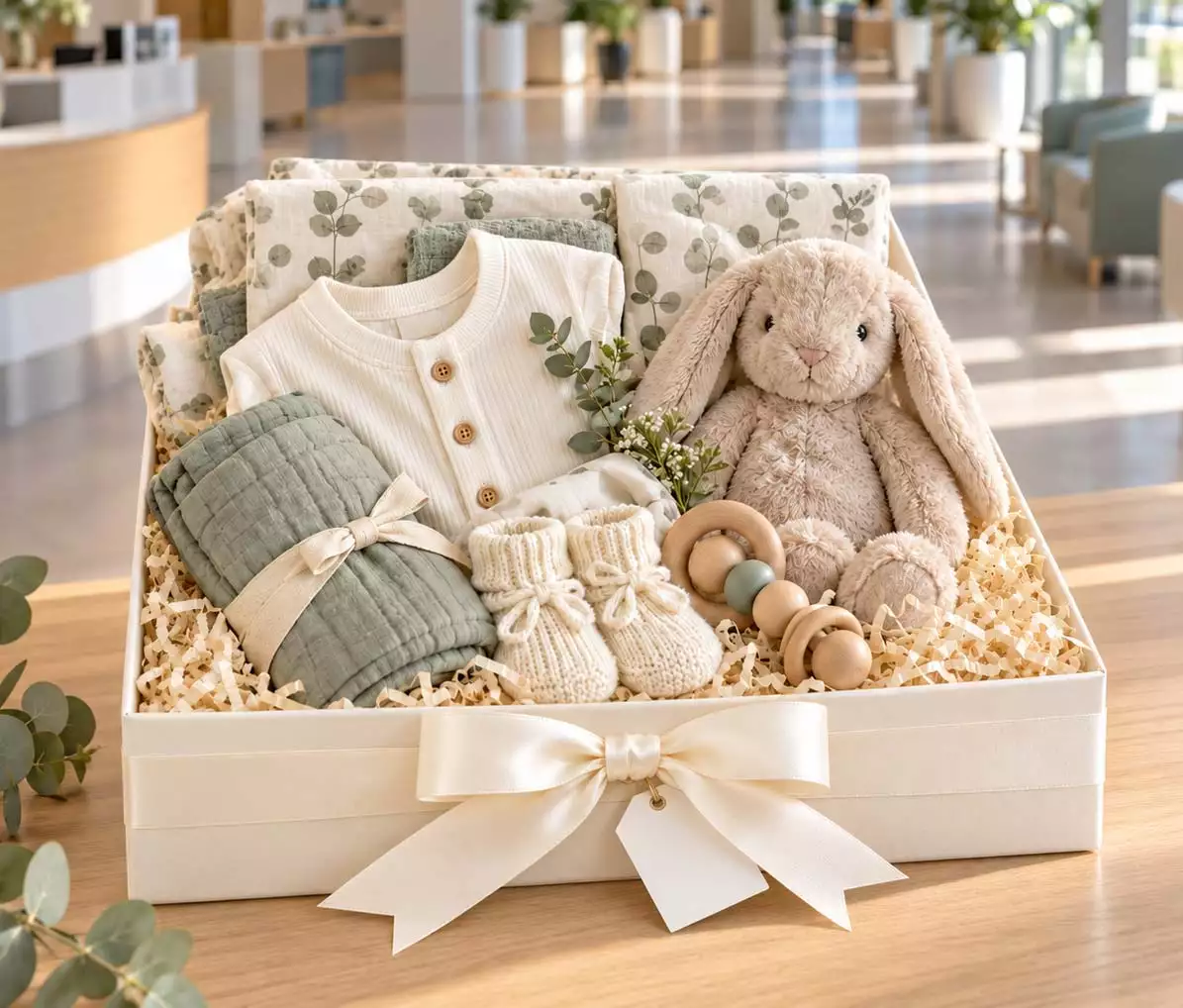 A beautifully wrapped baby gift hamper ready for hospital delivery in Melbourne